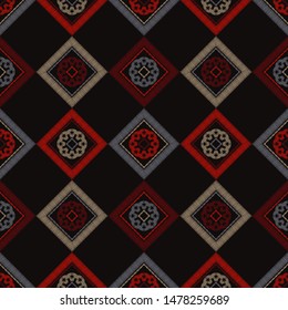 Ethnic boho seamless pattern. Lace. Embroidery on fabric. Patchwork texture. Weaving. Traditional ornament. Tribal pattern. Folk motif. Can be used for wallpaper, textile, wrapping, web.
