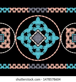 Ethnic boho seamless pattern. Lace. Embroidery on fabric. Patchwork texture. Weaving. Traditional ornament. Tribal pattern. Folk motif. Can be used for wallpaper, textile, wrapping, web.
