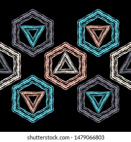 Ethnic boho seamless pattern. Lace. Embroidery on fabric. Patchwork texture. Weaving. Traditional ornament. Tribal pattern. Folk motif. Can be used for wallpaper, textile, wrapping, web.