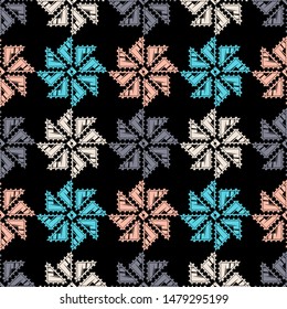 Ethnic boho seamless pattern. Lace. Embroidery on fabric. Patchwork texture. Weaving. Traditional ornament. Tribal pattern. Folk motif. Can be used for wallpaper, textile, wrapping, web.