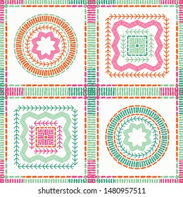 Ethnic boho seamless pattern. Lace. Embroidery on fabric. Patchwork texture. Weaving. Traditional ornament. Tribal pattern. Folk motif. Can be used for wallpaper, textile, wrapping, web.