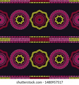 Ethnic boho seamless pattern. Lace. Embroidery on fabric. Patchwork texture. Weaving. Traditional ornament. Tribal pattern. Folk motif. Can be used for wallpaper, textile, wrapping, web.