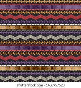 Ethnic boho seamless pattern. Lace. Embroidery on fabric. Patchwork texture. Weaving. Traditional ornament. Tribal pattern. Folk motif. Can be used for wallpaper, textile, wrapping, web.