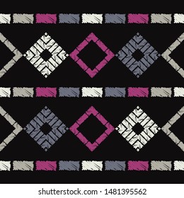 Ethnic boho seamless pattern. Lace. Embroidery on fabric. Patchwork texture. Weaving. Traditional ornament. Tribal pattern. Folk motif. Can be used for wallpaper, textile, wrapping, web.
