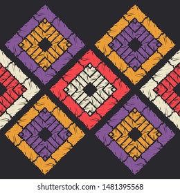 Ethnic boho seamless pattern. Lace. Embroidery on fabric. Patchwork texture. Weaving. Traditional ornament. Tribal pattern. Folk motif. Can be used for wallpaper, textile, wrapping, web.
