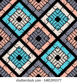 Ethnic boho seamless pattern. Lace. Embroidery on fabric. Patchwork texture. Weaving. Traditional ornament. Tribal pattern. Folk motif. Can be used for wallpaper, textile, wrapping, web.