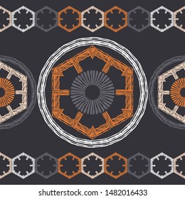 Ethnic boho seamless pattern. Lace. Embroidery on fabric. Patchwork texture. Weaving. Traditional ornament. Tribal pattern. Folk motif. Can be used for wallpaper, textile, wrapping, web.