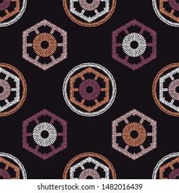 Ethnic boho seamless pattern. Lace. Embroidery on fabric. Patchwork texture. Weaving. Traditional ornament. Tribal pattern. Folk motif. Can be used for wallpaper, textile, wrapping, web.