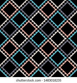 Ethnic boho seamless pattern. Lace. Embroidery on fabric. Patchwork texture. Weaving. Traditional ornament. Tribal pattern. Folk motif. Can be used for wallpaper, textile, wrapping, web.