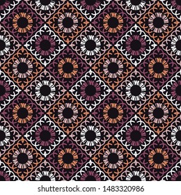 Ethnic boho seamless pattern. Lace. Embroidery on fabric. Patchwork texture. Weaving. Traditional ornament. Tribal pattern. Folk motif. Can be used for wallpaper, textile, wrapping, web.
