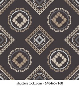 Ethnic boho seamless pattern. Lace. Embroidery on fabric. Patchwork texture. Weaving. Traditional ornament. Tribal pattern. Folk motif. Can be used for wallpaper, textile, wrapping, web.