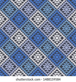 Ethnic boho seamless pattern. Lace. Embroidery on fabric. Patchwork texture. Weaving. Traditional ornament. Tribal pattern. Folk motif. Can be used for wallpaper, textile, wrapping, web.