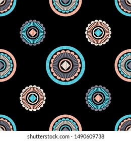 Ethnic boho seamless pattern. Lace. Embroidery on fabric. Patchwork texture. Weaving. Traditional ornament. Tribal pattern. Folk motif. Can be used for wallpaper, textile, wrapping, web.