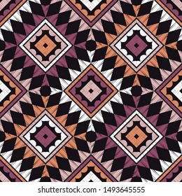 Ethnic boho seamless pattern. Lace. Embroidery on fabric. Patchwork texture. Weaving. Traditional ornament. Tribal pattern. Folk motif. Can be used for wallpaper, textile, wrapping, web.