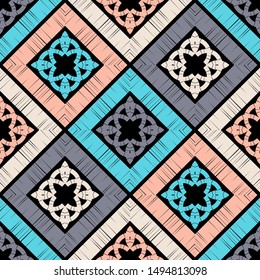 Ethnic boho seamless pattern. Lace. Embroidery on fabric. Patchwork texture. Weaving. Traditional ornament. Tribal pattern. Folk motif. Can be used for wallpaper, textile, wrapping, web.