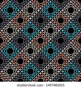 Ethnic boho seamless pattern. Lace. Embroidery on fabric. Patchwork texture. Weaving. Traditional ornament. Tribal pattern. Folk motif. Can be used for wallpaper, textile, wrapping, web.