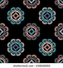 Ethnic boho seamless pattern. Lace. Embroidery on fabric. Patchwork texture. Weaving. Traditional ornament. Tribal pattern. Folk motif. Can be used for wallpaper, textile, wrapping, web.