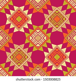 Ethnic boho seamless pattern. Lace. Embroidery on fabric. Patchwork texture. Weaving. Traditional ornament. Tribal pattern. Folk motif. Can be used for wallpaper, textile, wrapping, web.