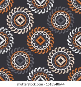 Ethnic boho seamless pattern. Lace. Embroidery on fabric. Patchwork texture. Weaving. Traditional ornament. Tribal pattern. Folk motif. Can be used for wallpaper, textile, wrapping, web. 