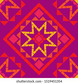 Ethnic boho seamless pattern. Lace. Embroidery on fabric. Patchwork texture. Weaving. Traditional ornament. Tribal pattern. Folk motif. Can be used for wallpaper, textile, wrapping, web.