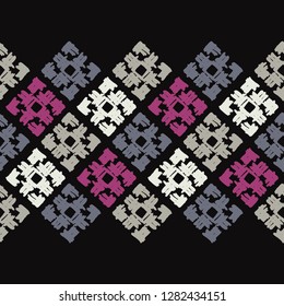 Ethnic boho seamless pattern. Mosaic of painted strips. Embroidery on fabric. Traditional ornament. Tribal pattern. Folk motif. Can be used for wallpaper, textile, invitation card, wrapping, web.