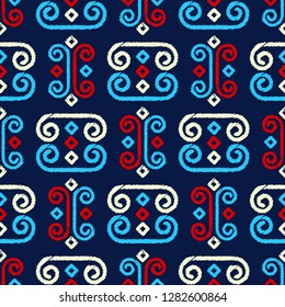 Ethnic boho seamless pattern. A mosaic of stripes and squiggles. Embroidery on fabric. Traditional ornament. Tribal pattern. Folk motif. Can be used for wallpaper, textile, invitation card, wrapping.