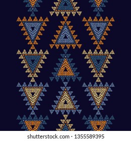 Ethnic boho seamless pattern. Mosaic of triangles. Patchwork texture. Weaving. Traditional ornament. Tribal pattern. Folk motif. Can be used for wallpaper, textile, invitation card, wrapping, web.