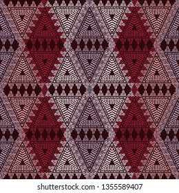 Ethnic boho seamless pattern. Mosaic of triangles. Patchwork texture. Weaving. Traditional ornament. Tribal pattern. Folk motif. Can be used for wallpaper, textile, invitation card, wrapping, web.