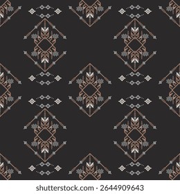 Ethnic boho seamless pattern on a black background. Tribal pattern. Folk motif. Textile rapport. Pixel pattern. Cross-stitch pattern.  Ideas for wallpaper, tiles, pottery, and textiles.