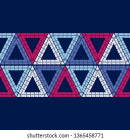 Ethnic boho seamless pattern. Patterned triangles. Embroidery on fabric. Patchwork texture. Weaving. Traditional ornament. Tribal pattern. Folk motif. Can be used for wallpaper, textile.