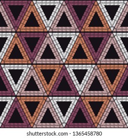 Ethnic boho seamless pattern. Patterned triangles. Embroidery on fabric. Patchwork texture. Weaving. Traditional ornament. Tribal pattern. Folk motif. Can be used for wallpaper, textile.