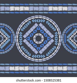 Ethnic boho seamless pattern. Polka dots. Embroidery on fabric. Patchwork texture. Weaving. Traditional ornament. Tribal pattern. Folk motif. Can be used for wallpaper, textile, wrapping, web.