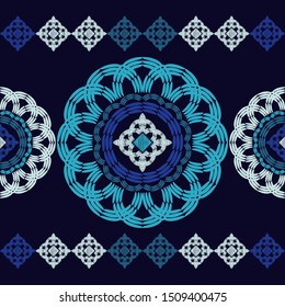 Ethnic boho seamless pattern. Polka dots. Embroidery on fabric. Patchwork texture. Weaving. Traditional ornament. Tribal pattern. Folk motif. Can be used for wallpaper, textile, wrapping, web.