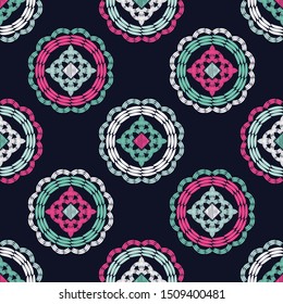 Ethnic boho seamless pattern. Polka dots. Embroidery on fabric. Patchwork texture. Weaving. Traditional ornament. Tribal pattern. Folk motif. Can be used for wallpaper, textile, wrapping, web.