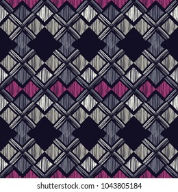Ethnic boho seamless pattern. Scribble texture. Embroidery on fabric. Folk motif. Textile rapport.