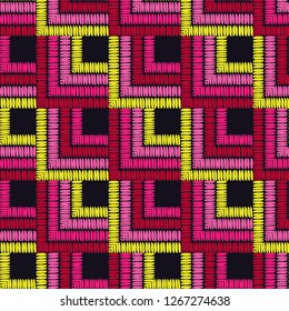 Ethnic boho seamless pattern. Shapes from strips of hand-shading. Traditional ornament. Tribal pattern. Folk motif. Can be used for wallpaper, textile, invitation card, web page background.