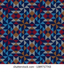 Ethnic boho seamless pattern. Striped figures. Patchwork texture. Weaving. Traditional ornament. Tribal pattern. Folk motif. Can be used for wallpaper, textile, invitation card, wrapping, web page.