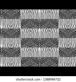Ethnic boho seamless pattern. Texture with Zebra and Leopard spots. Patchwork texture. Weaving. Traditional ornament. Tribal pattern. Folk motif. Can be used for wallpaper, textile, invitation card.