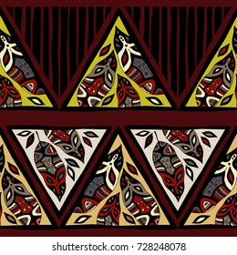 Ethnic boho seamless pattern. Triangles with decorative feathers. Tribal pattern. Retro motif. Textile rapport.