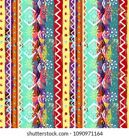 Ethnic boho seamless pattern. Tribal art print. Abstract background texture. Geometric ornament, paint spots