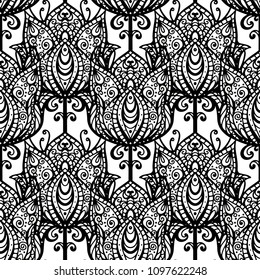 Ethnic boho seamless pattern. Tribal art print. Oriental background texture. Fabric design in black and white