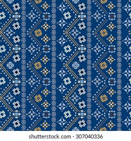 Ethnic boho seamless pattern. Tribal art print. Blue border background texture. Fabric, cloth design, wallpaper, wrapping