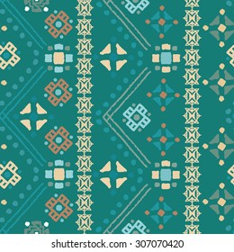 Ethnic boho seamless pattern. Tribal art print. Green border background texture. Fabric, cloth design, wallpaper, wrapping