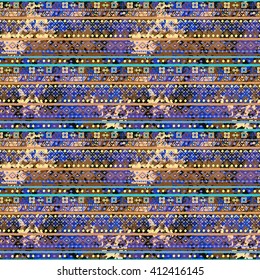Ethnic boho seamless pattern. Tribal art, distressed print. Rustic, folk style pattern. Background, ethno texture, decoration, distress, grunge. Wrapping, wallpaper