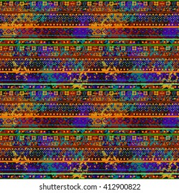 Ethnic boho seamless pattern. Tribal art, distressed print. Rustic, folk style pattern. Background, ethno texture, decoration, distress, grunge. Wrapping, wallpaper