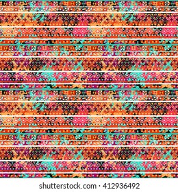 Ethnic boho seamless pattern. Tribal art, distressed print. Rustic, folk style pattern. Background, ethno texture, decoration, distress, grunge. Wrapping, wallpaper