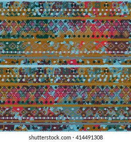 Ethnic boho seamless pattern. Tribal art, distressed print. Rustic, folk style pattern. Background, ethno texture, decoration, distress, grunge. Wrapping, wallpaper