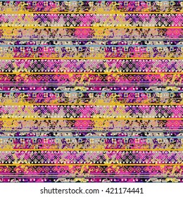 Ethnic boho seamless pattern. Tribal art, distressed print. Rustic, folk style pattern. Background, ethno texture, decoration, distress, grunge. Wrapping, wallpaper