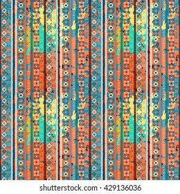 Ethnic boho seamless pattern. Tribal art colorful boho print, boho texture. Abstract distress background, watercolor painting, wrapping, wallpaper