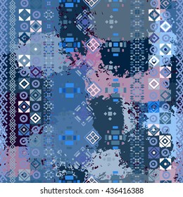 Ethnic boho seamless pattern. Tribal art colorful print, brushed texture. Abstract distressed background, watercolor paint spots, wrapping, wallpaper